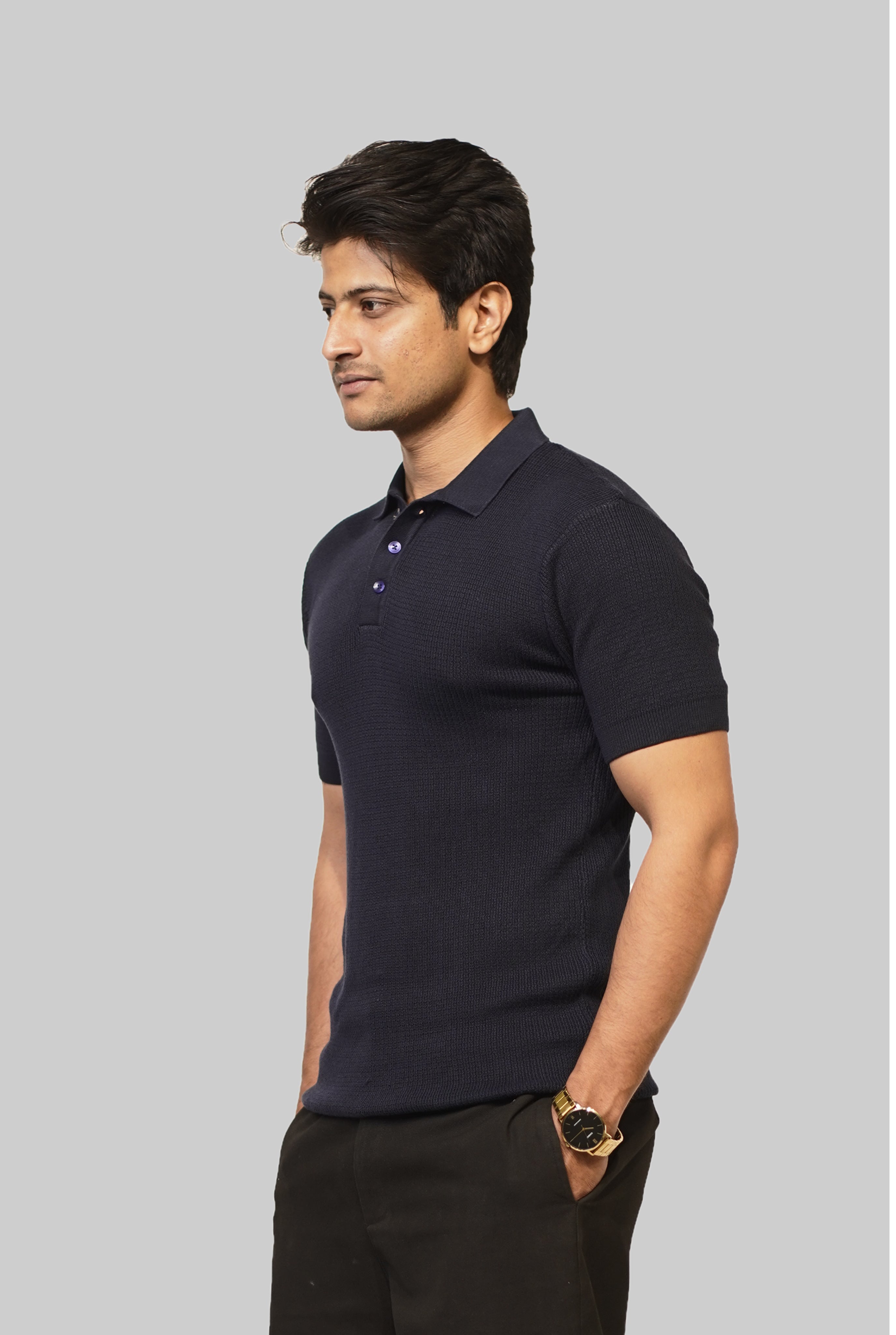 SNUG Men's  Navy Blue Textured Knit Polo Shirt