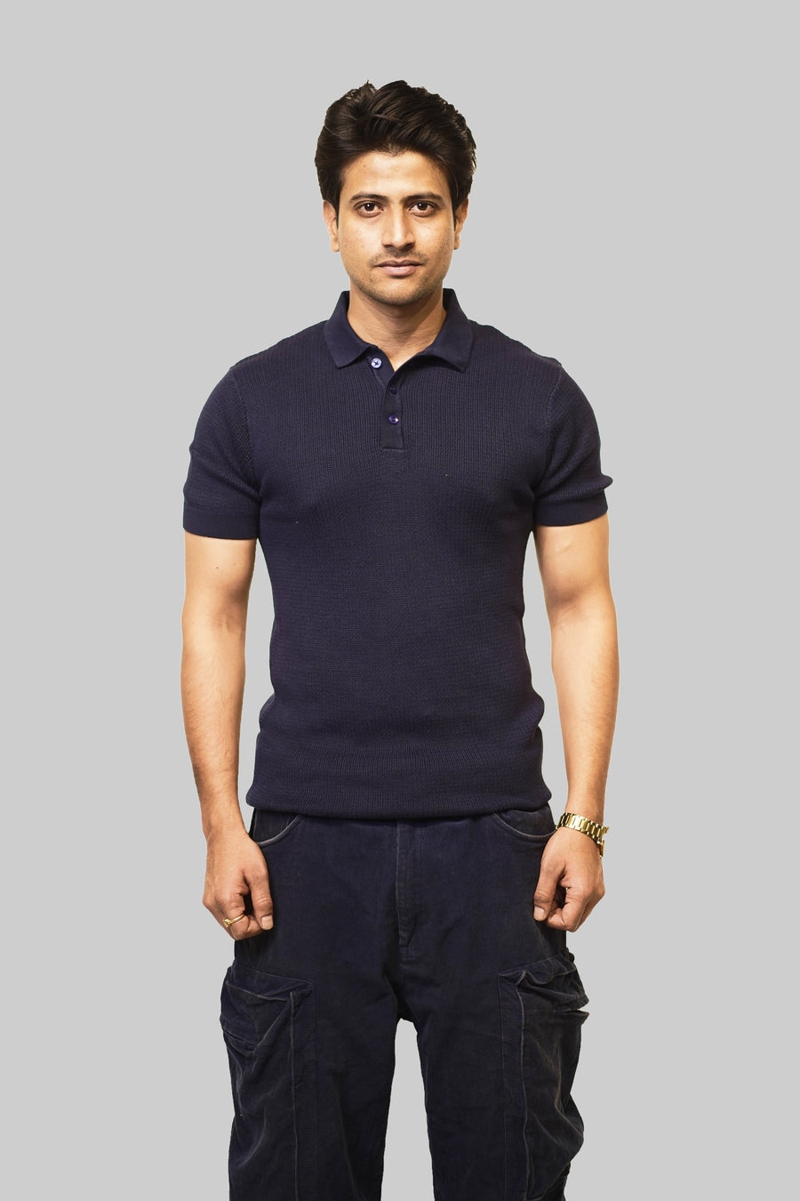 SNUG Men's  Navy Blue Textured Knit Polo Shirt