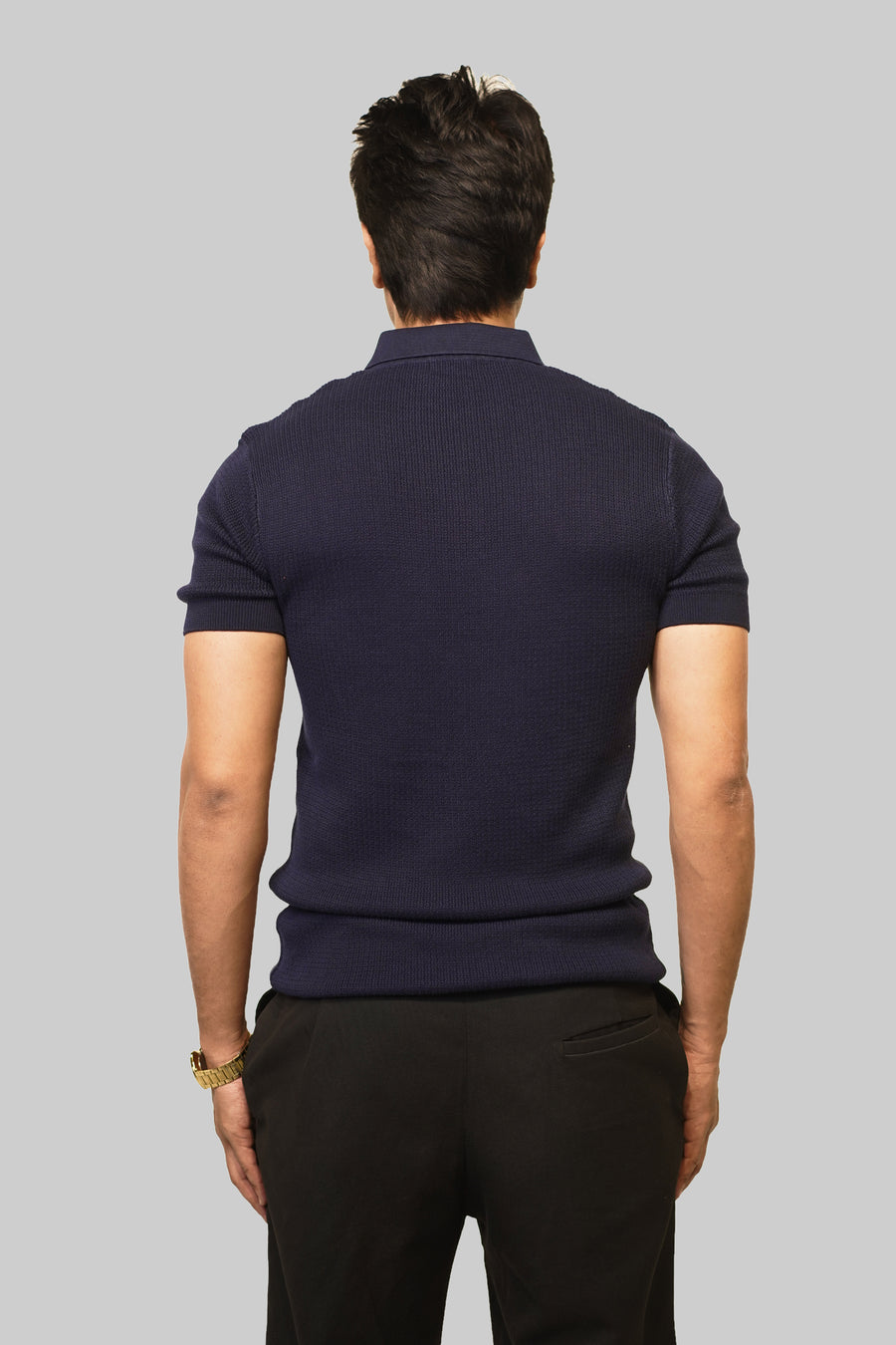 SNUG Men's  Navy Blue Textured Knit Polo Shirt
