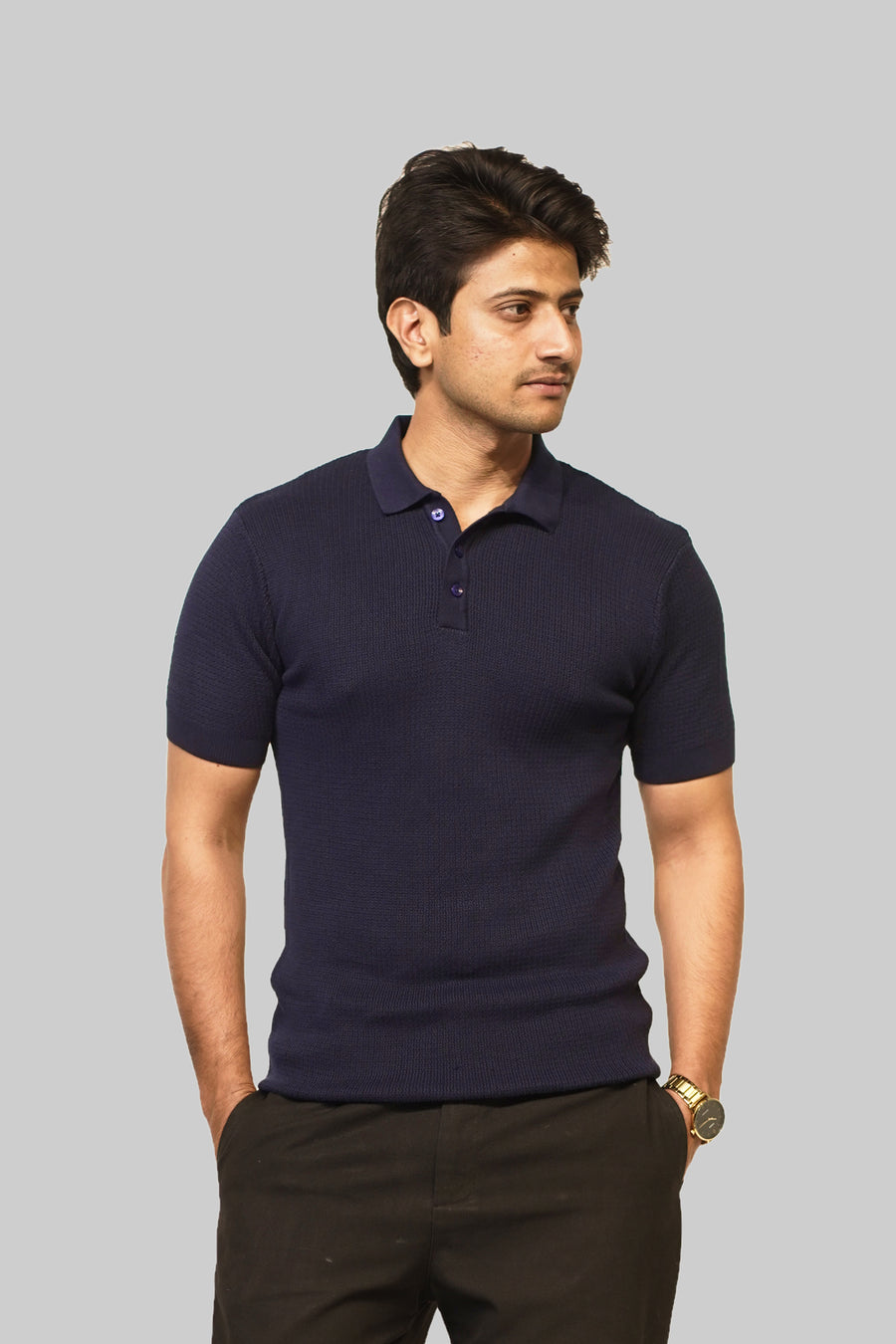 SNUG Men's  Navy Blue Textured Knit Polo Shirt